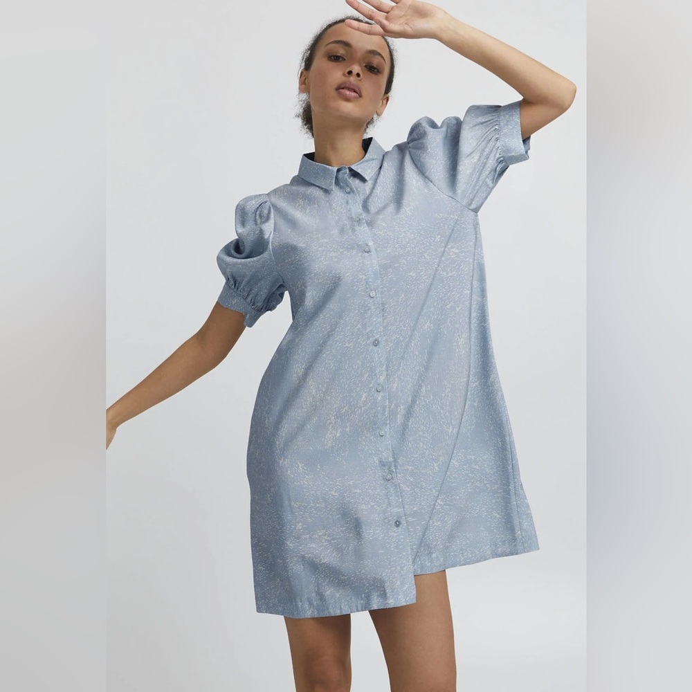 ICHI Baby Blue Button Up Dress with Bubble Shoulders and Sleeves